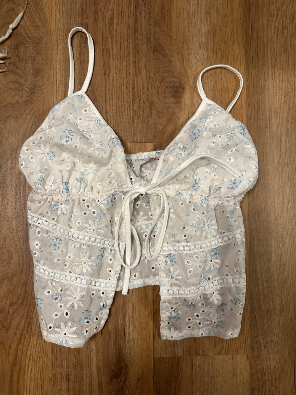 White Floral Eyelet Tie-Front Cami with Blue Accents